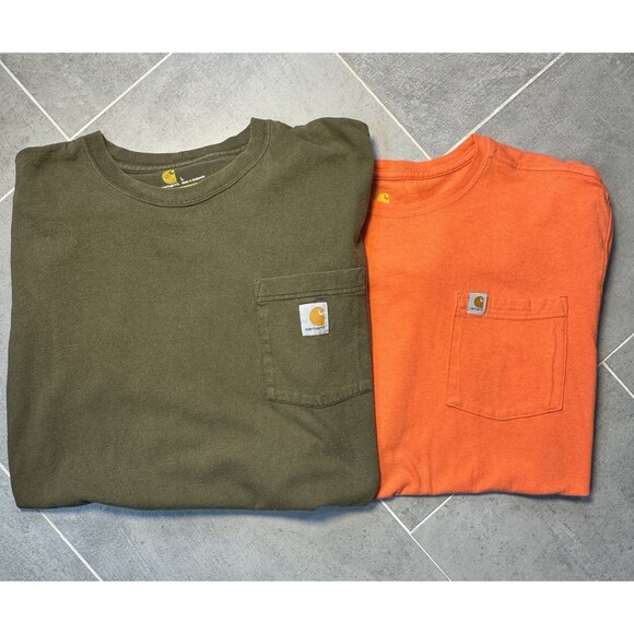 Carhartt Men’s L Pocket Tee Lot of 2 Workwear Logo T-Shirts Army Green Orange - Picture 1 of 12